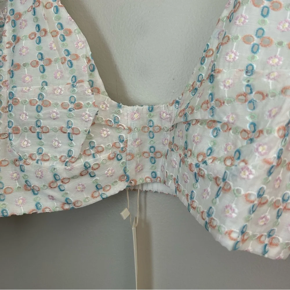 For Love And Lemons White Eyelet Crop Top with Pastel Blue Print - Picture 4 of 14